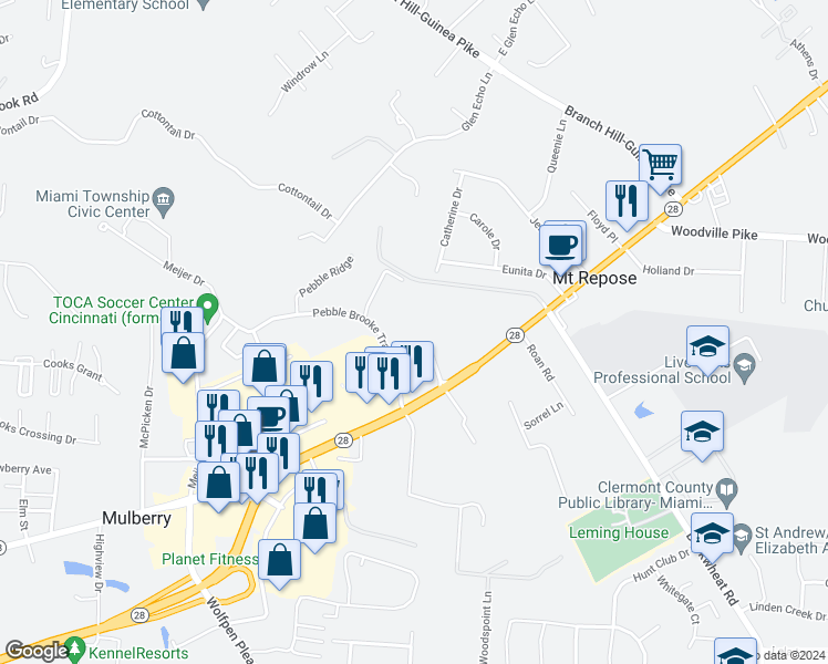 map of restaurants, bars, coffee shops, grocery stores, and more near 14 Easley Drive in Milford