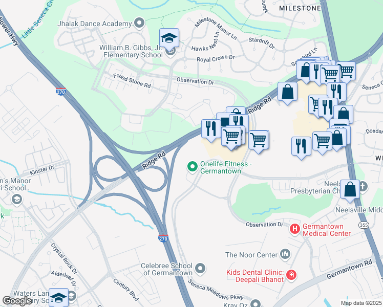 map of restaurants, bars, coffee shops, grocery stores, and more near 20510 Seneca Meadows Parkway in Germantown