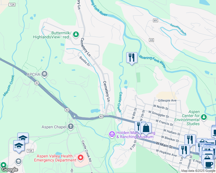 map of restaurants, bars, coffee shops, grocery stores, and more near 743 Cemetery Lane in Aspen
