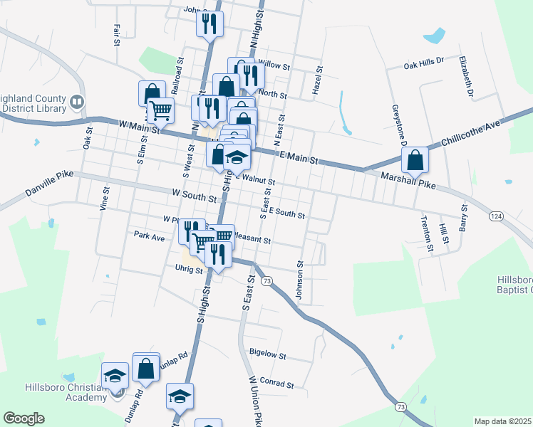 map of restaurants, bars, coffee shops, grocery stores, and more near 231 South East Street in Hillsboro