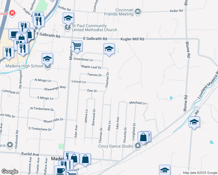 map of restaurants, bars, coffee shops, grocery stores, and more near 7914 Locust Lane in Cincinnati
