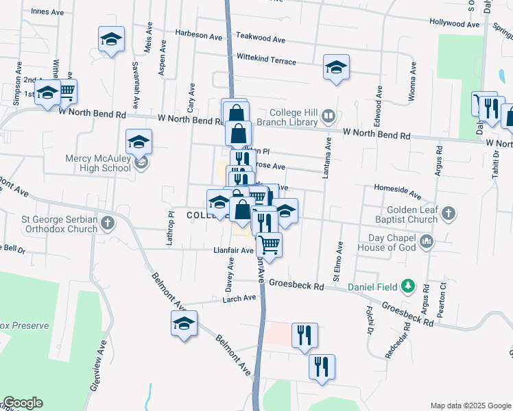 map of restaurants, bars, coffee shops, grocery stores, and more near 1537 Marlowe Avenue in Cincinnati
