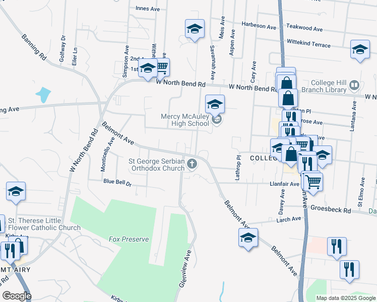 map of restaurants, bars, coffee shops, grocery stores, and more near 5930 Belmont Avenue in Cincinnati