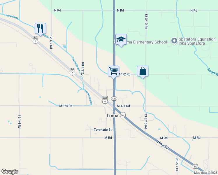map of restaurants, bars, coffee shops, grocery stores, and more near 1341 13 Road in Loma