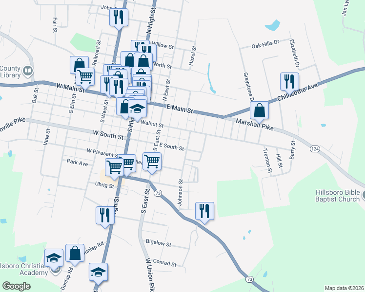 map of restaurants, bars, coffee shops, grocery stores, and more near 233 Johnson Street in Hillsboro