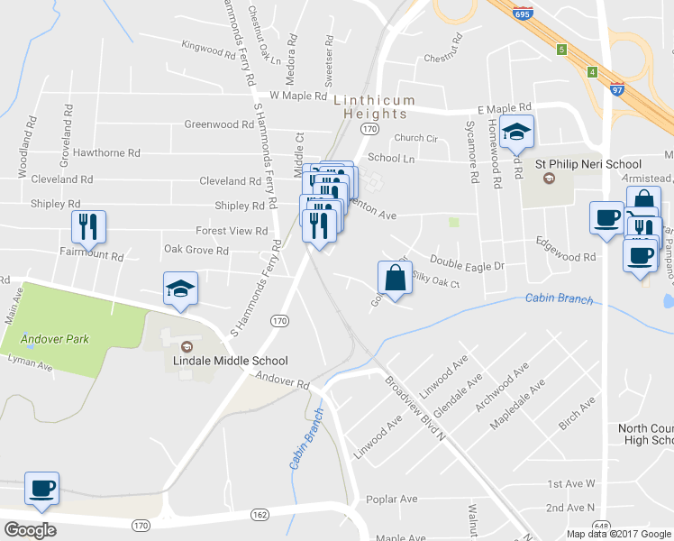map of restaurants, bars, coffee shops, grocery stores, and more near 346 Tulip Oak Court in Linthicum Heights
