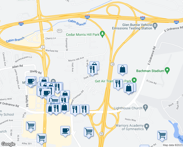 map of restaurants, bars, coffee shops, grocery stores, and more near 6504 Kimono Court in Glen Burnie