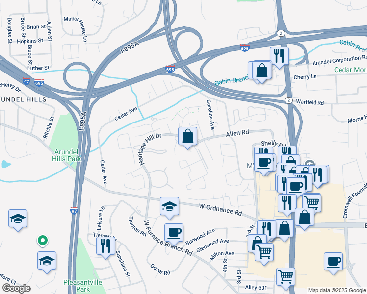 map of restaurants, bars, coffee shops, grocery stores, and more near 6428 Lamplighter Ridge in Glen Burnie