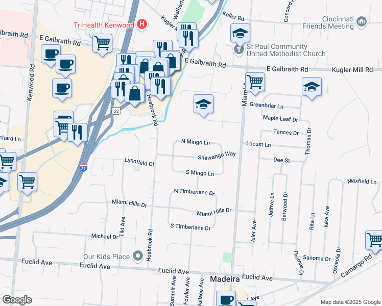 map of restaurants, bars, coffee shops, grocery stores, and more near 7361 North Mingo Lane in Cincinnati