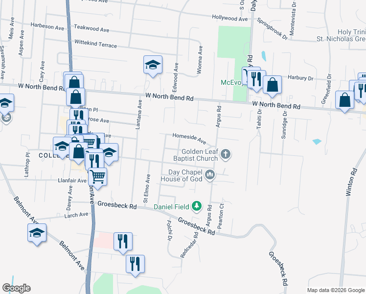 map of restaurants, bars, coffee shops, grocery stores, and more near 5945 Leffingwell Avenue in Cincinnati