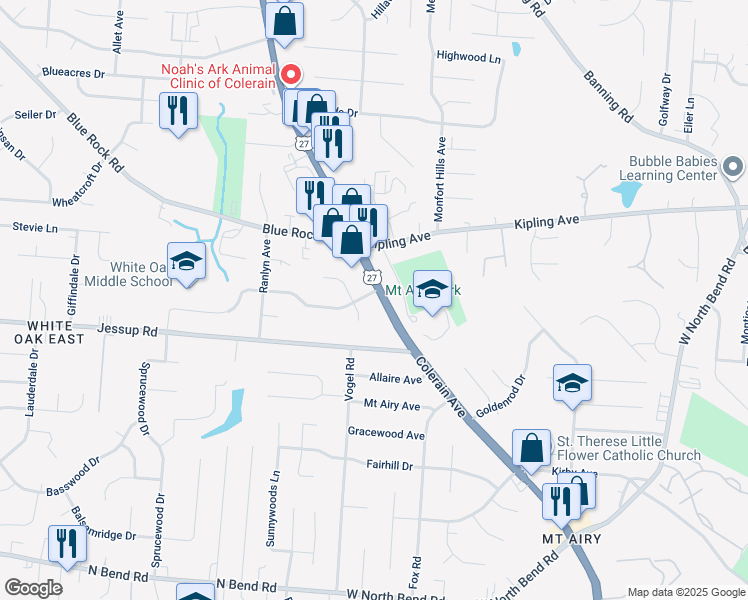 map of restaurants, bars, coffee shops, grocery stores, and more near 2606 Robers Avenue in Cincinnati