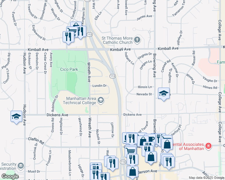 map of restaurants, bars, coffee shops, grocery stores, and more near 3120 Lundin Drive in Manhattan