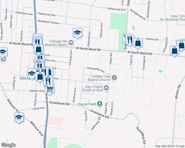 map of restaurants, bars, coffee shops, grocery stores, and more near 5945 Leffingwell Avenue in Cincinnati