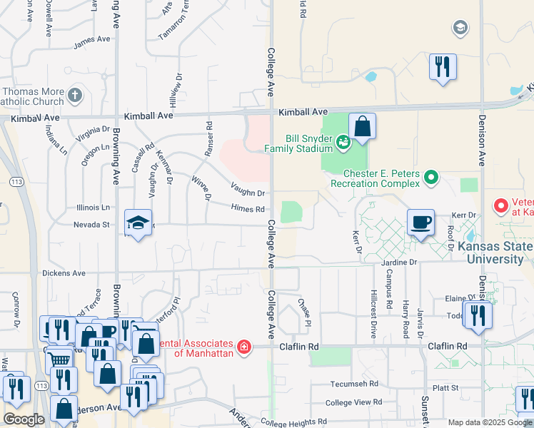 map of restaurants, bars, coffee shops, grocery stores, and more near 2401 Himes Road in Manhattan
