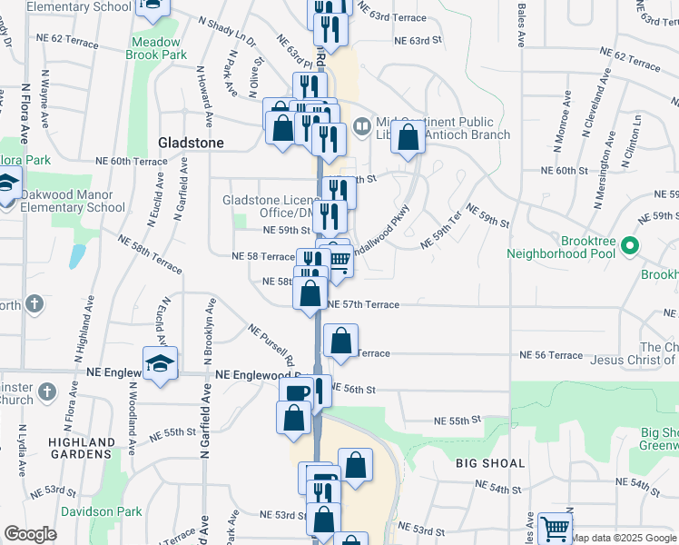 map of restaurants, bars, coffee shops, grocery stores, and more near 2813A Northeast Kendallwood Parkway in Gladstone