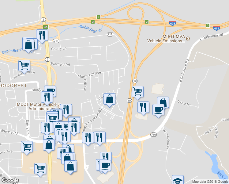 map of restaurants, bars, coffee shops, grocery stores, and more near 6509 Tapwood Court in Glen Burnie