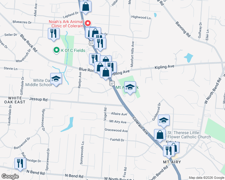 map of restaurants, bars, coffee shops, grocery stores, and more near 2606 Robers Avenue in Cincinnati
