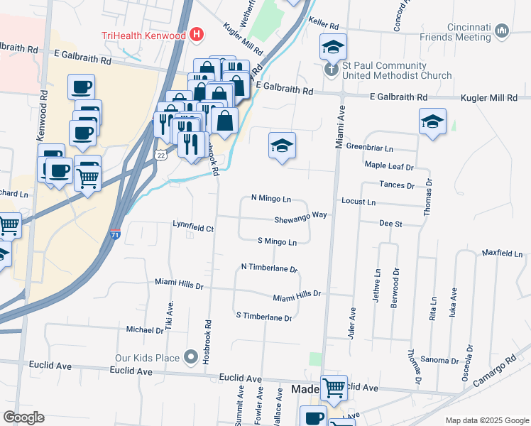 map of restaurants, bars, coffee shops, grocery stores, and more near 7361 North Mingo Lane in Cincinnati