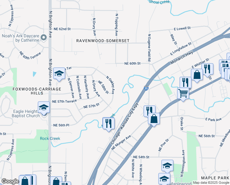 map of restaurants, bars, coffee shops, grocery stores, and more near 5801 North Oakley Avenue in Kansas City