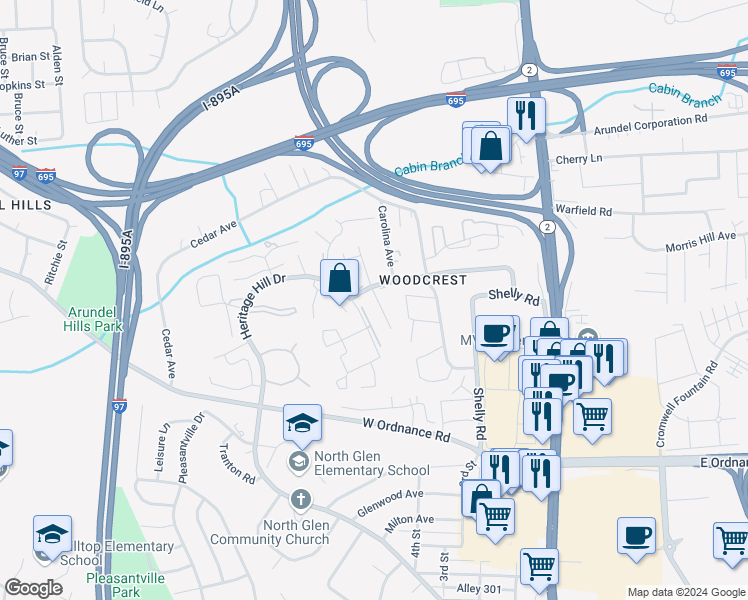 map of restaurants, bars, coffee shops, grocery stores, and more near 6430 Colonial Knoll in Glen Burnie