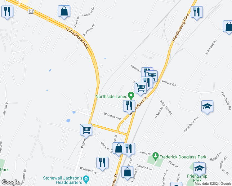 map of restaurants, bars, coffee shops, grocery stores, and more near 801 Thomas Court in Winchester