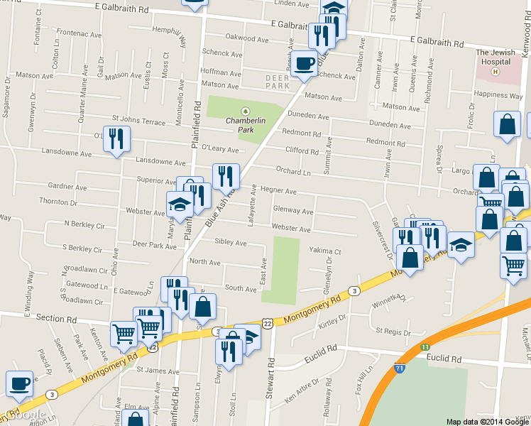 map of restaurants, bars, coffee shops, grocery stores, and more near 7230 Lafayette Avenue in Cincinnati