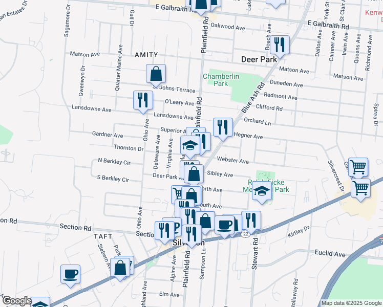 map of restaurants, bars, coffee shops, grocery stores, and more near 7212 Maryland Avenue in Cincinnati