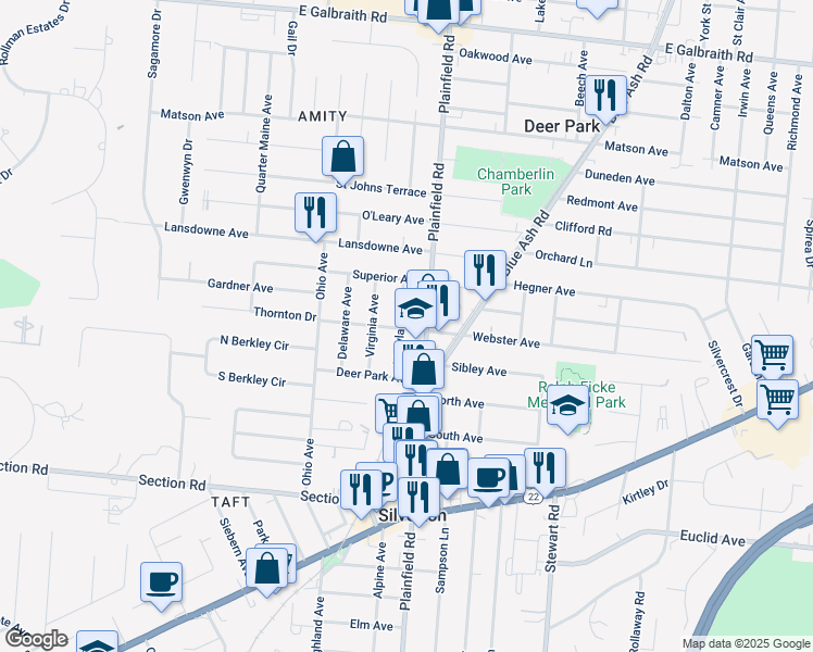 map of restaurants, bars, coffee shops, grocery stores, and more near 7212 Maryland Avenue in Cincinnati