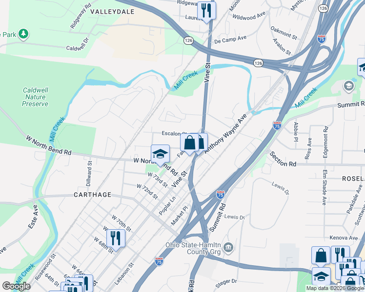 map of restaurants, bars, coffee shops, grocery stores, and more near 7503 Fairpark Avenue in Cincinnati