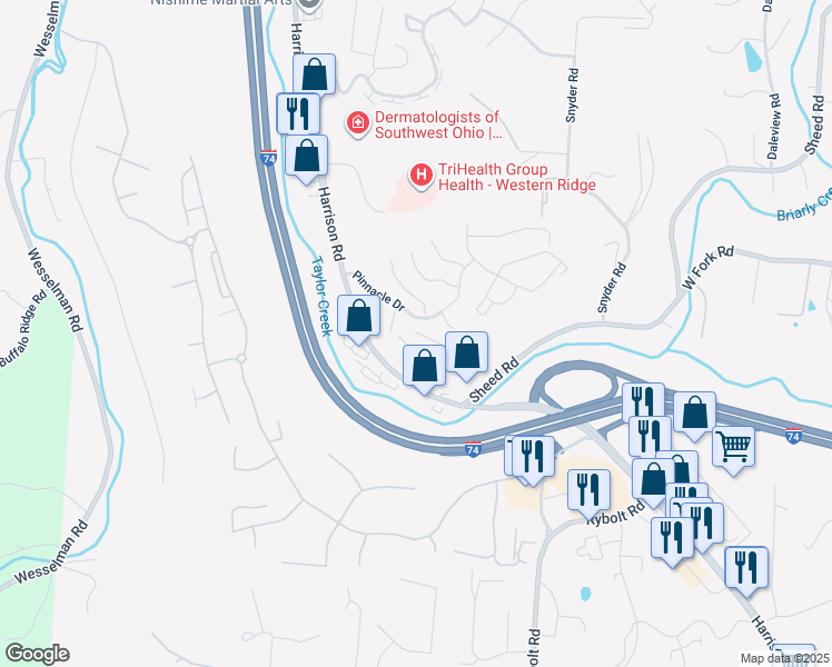 map of restaurants, bars, coffee shops, grocery stores, and more near 5731 Lofty View Lane in Cincinnati