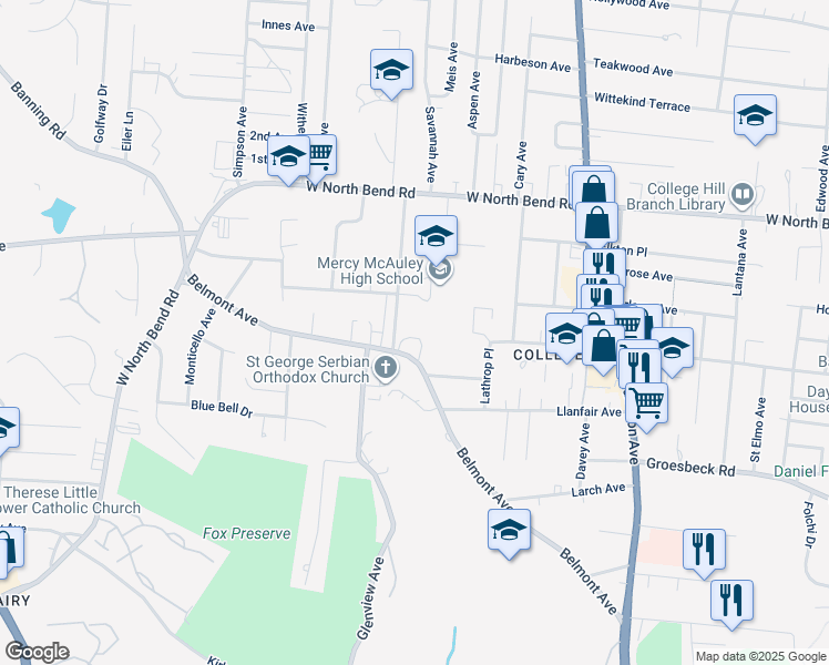 map of restaurants, bars, coffee shops, grocery stores, and more near 5870 Belmont Avenue in Cincinnati