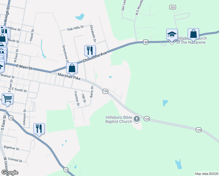 map of restaurants, bars, coffee shops, grocery stores, and more near 7915 Ohio 124 in Hillsboro