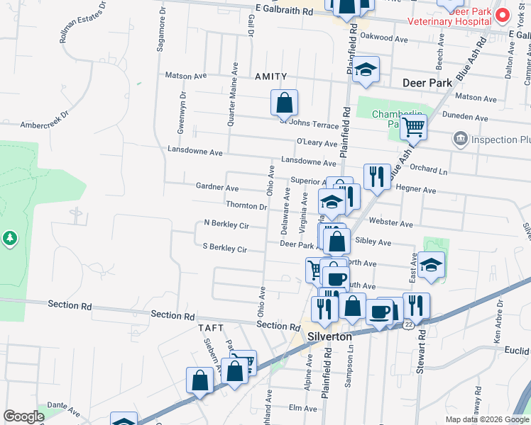 map of restaurants, bars, coffee shops, grocery stores, and more near 3855 Thornton Drive in Silverton