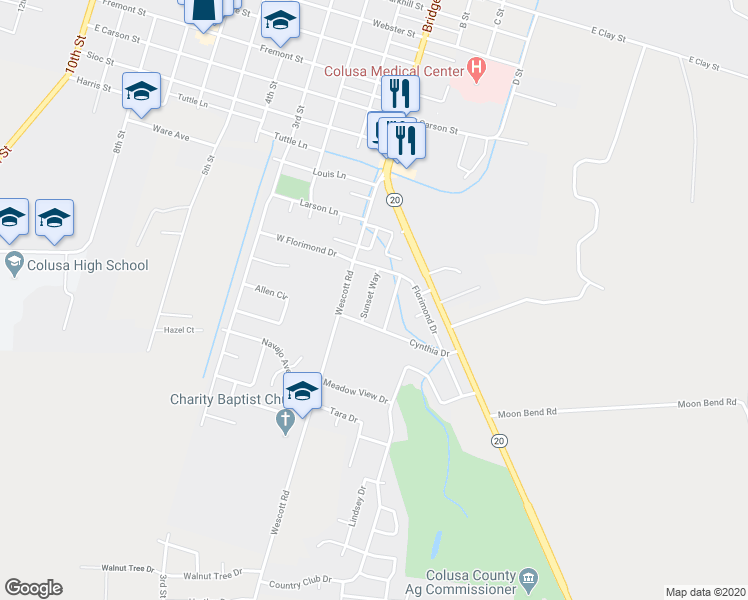 map of restaurants, bars, coffee shops, grocery stores, and more near 1607 Sunset Way in Colusa