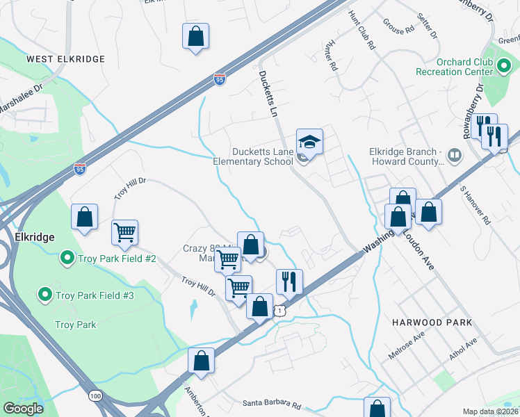 map of restaurants, bars, coffee shops, grocery stores, and more near 6512 Ducketts Lane in Elkridge