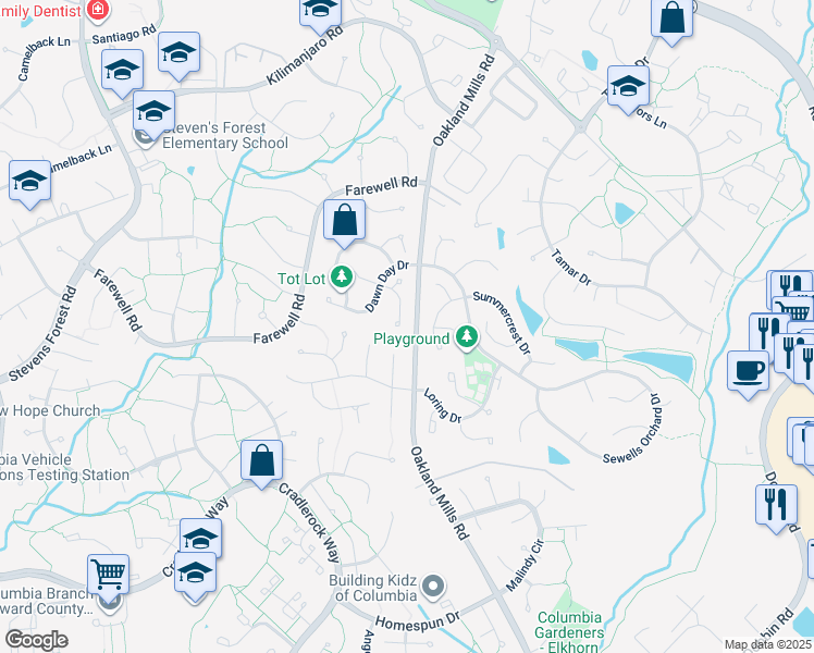 map of restaurants, bars, coffee shops, grocery stores, and more near 6291 Blue Dart Place in Columbia