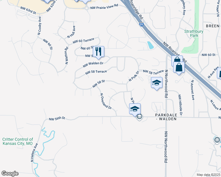map of restaurants, bars, coffee shops, grocery stores, and more near 5102 Northwest 57th Place in Kansas City