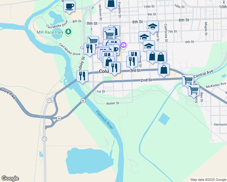 map of restaurants, bars, coffee shops, grocery stores, and more near 1st Street in Columbus