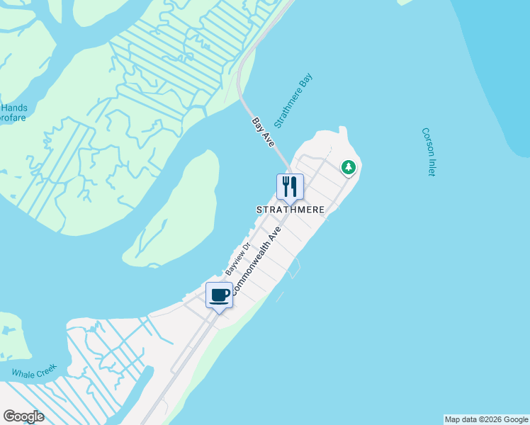 map of restaurants, bars, coffee shops, grocery stores, and more near 100 Bayview Drive in Strathmere
