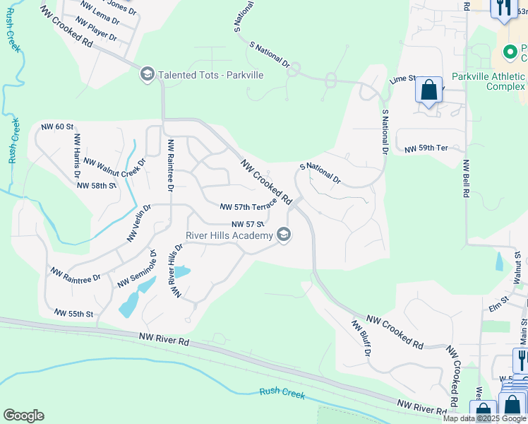 map of restaurants, bars, coffee shops, grocery stores, and more near 10110 Northwest 57 Street in Kansas City