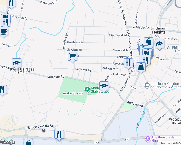 map of restaurants, bars, coffee shops, grocery stores, and more near 547 Fairmount Road in Linthicum Heights