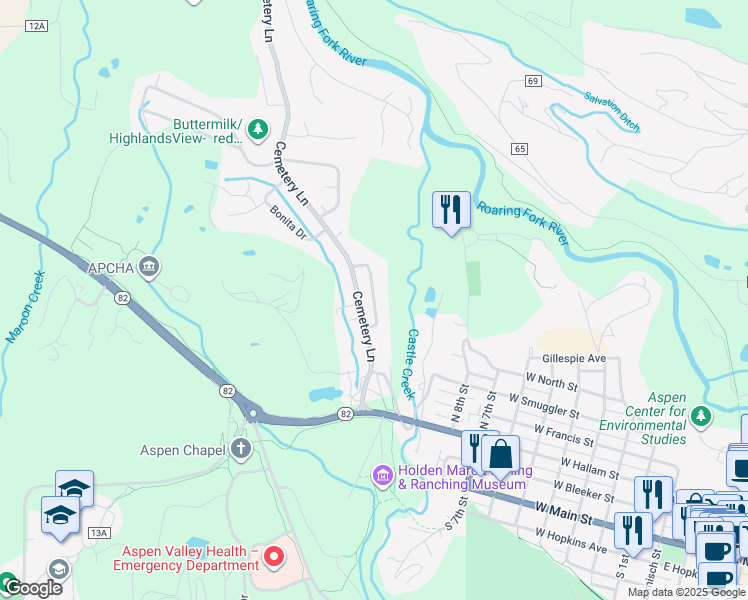 map of restaurants, bars, coffee shops, grocery stores, and more near Castle Creek Drive in Aspen