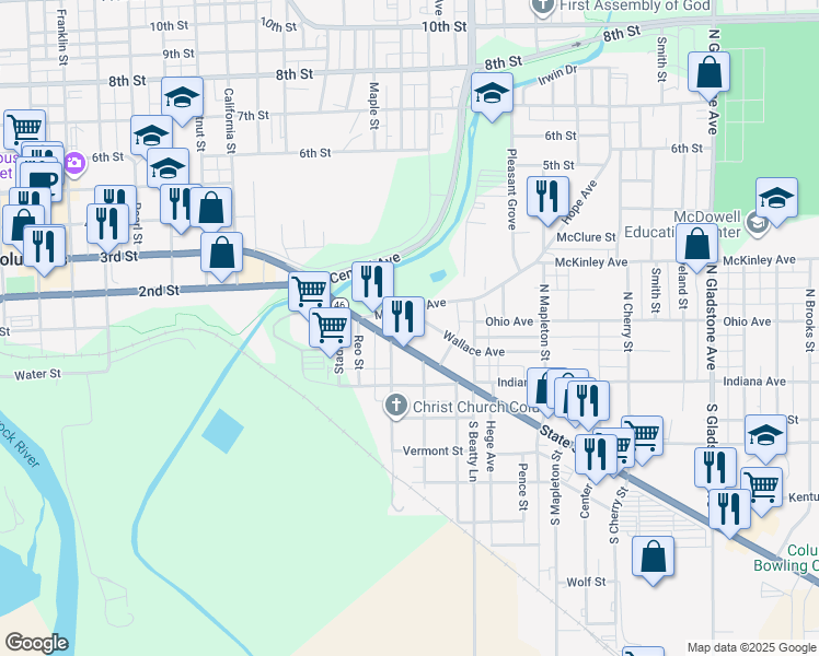 map of restaurants, bars, coffee shops, grocery stores, and more near 131 Pence Calla Street in Columbus