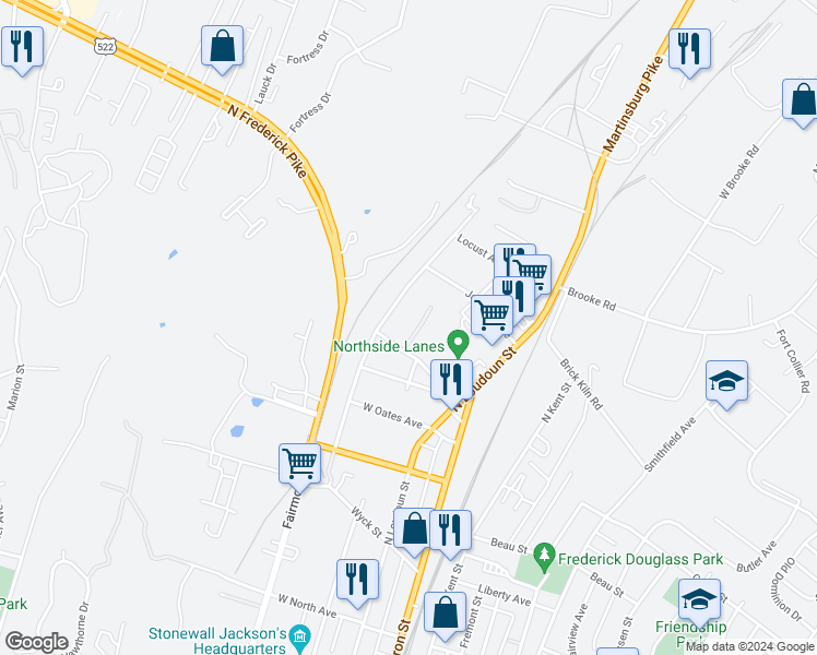 map of restaurants, bars, coffee shops, grocery stores, and more near 805 Thomas Court in Winchester