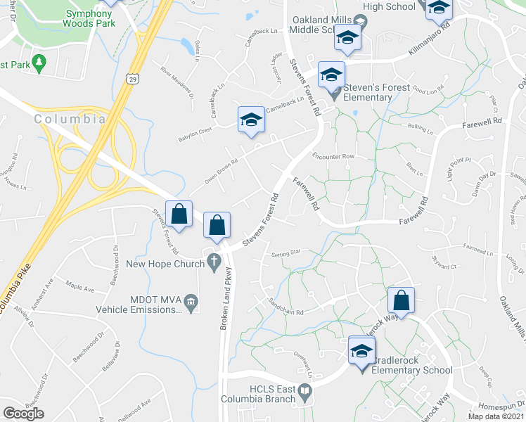 map of restaurants, bars, coffee shops, grocery stores, and more near 6216 Stevens Forest Road in Columbia