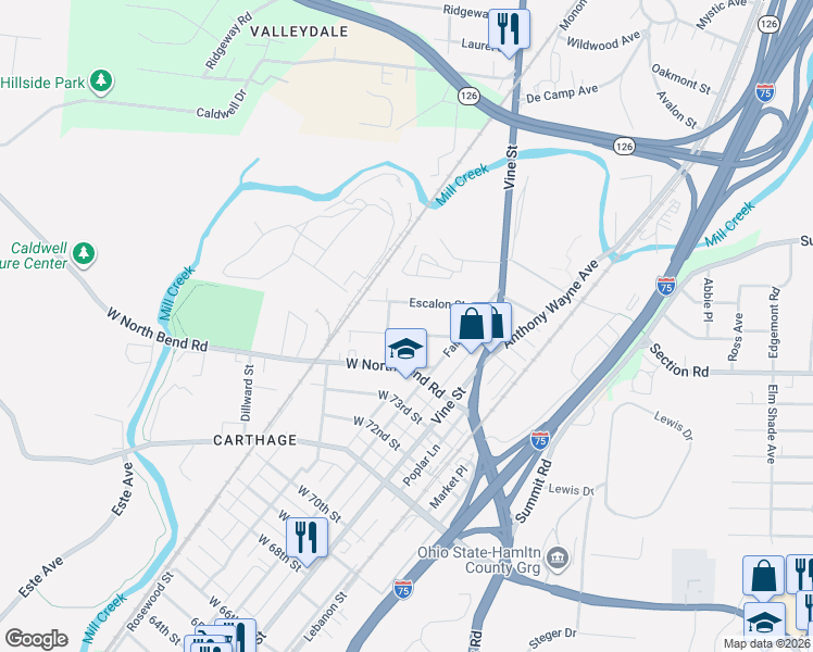 map of restaurants, bars, coffee shops, grocery stores, and more near 132 Nansen Street in Cincinnati