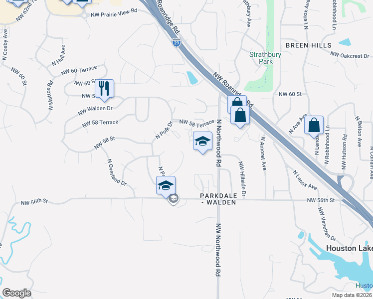 map of restaurants, bars, coffee shops, grocery stores, and more near 4803 Northwest 57th Court in Kansas City