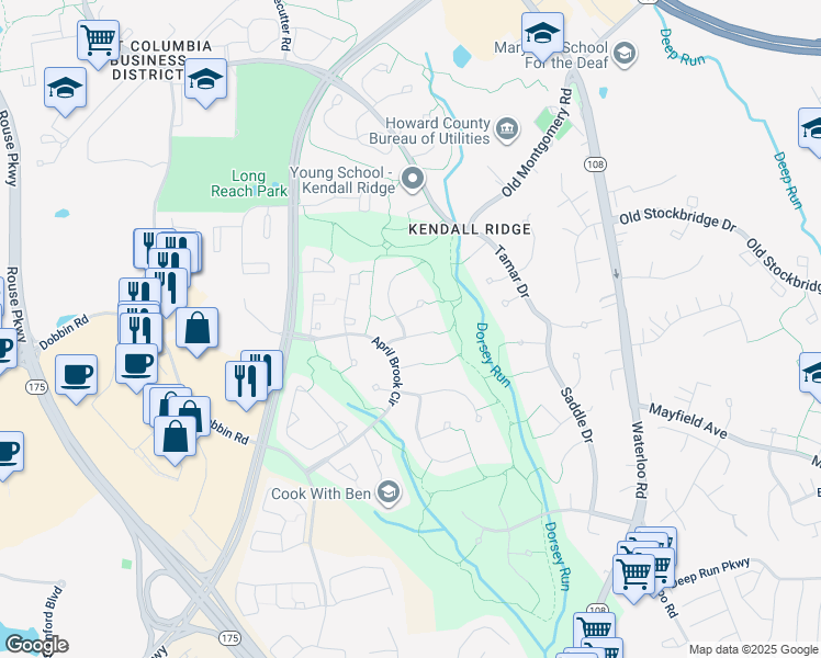 map of restaurants, bars, coffee shops, grocery stores, and more near 6204 Deer Season Run in Columbia