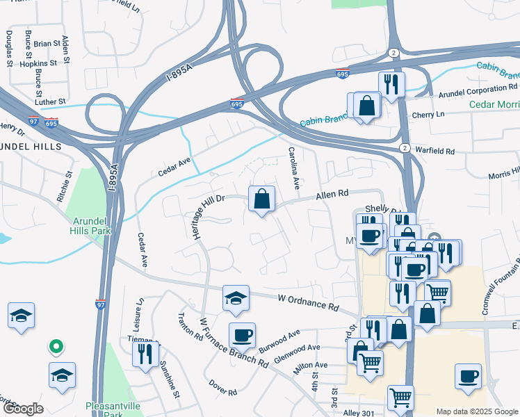 map of restaurants, bars, coffee shops, grocery stores, and more near 6433 Lamplighter Ridge in Glen Burnie