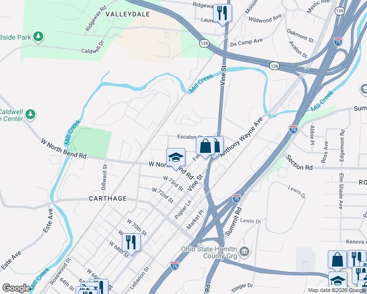 map of restaurants, bars, coffee shops, grocery stores, and more near 126 Nansen Street in Cincinnati